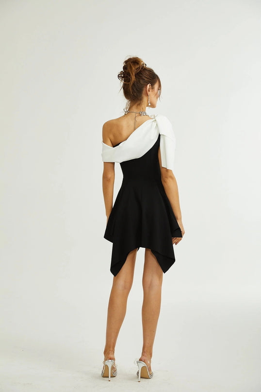 Assuntina Black One-Shoulder Mini Dress with Asymmetric Pleated Detailing