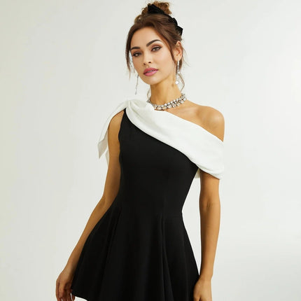 Assuntina Black One-Shoulder Mini Dress with Pleated Detailing