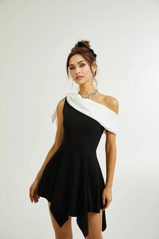 Assuntina Black One-Shoulder Mini Dress with Pleated Detailing