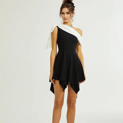 Assuntina Black One-Shoulder Mini Dress with Asymmetric Pleated Detailing