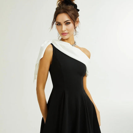 Assuntina Black One-Shoulder Mini Dress with Asymmetric Pleats