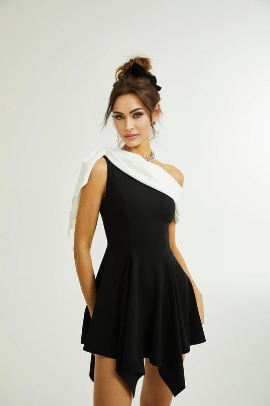 Assuntina Black One-Shoulder Mini Dress with Asymmetric Pleats
