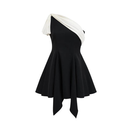 Assuntina Black and White One-Shoulder Mini Dress with Asymmetric Pleated Detailing