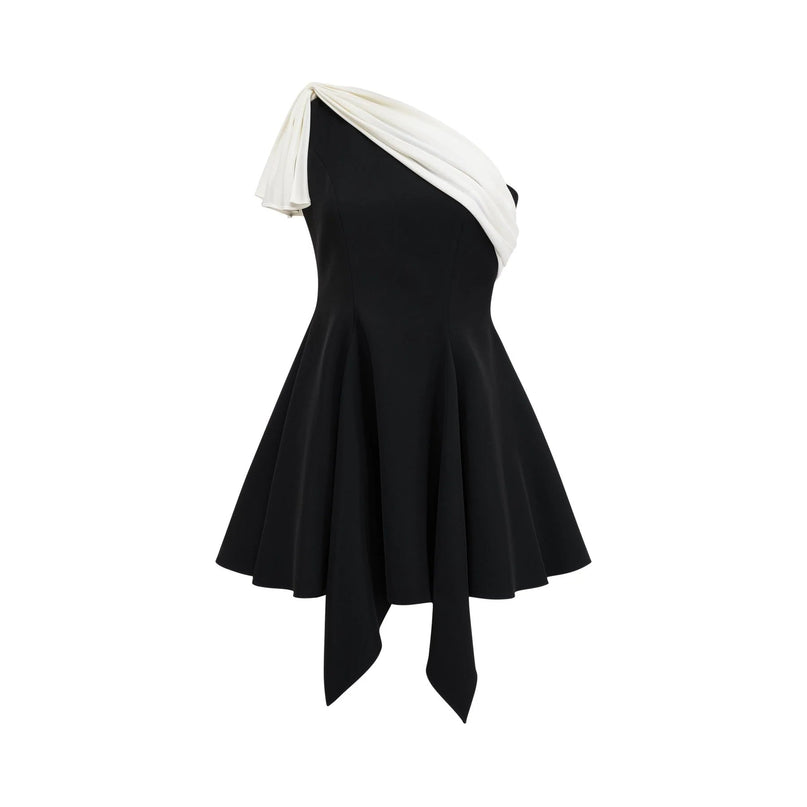 Assuntina Black and White One-Shoulder Mini Dress with Asymmetric Pleated Detailing