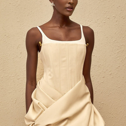 Assuntina Mini Dress Neutral Panel Corset Ruched Thigh Length Neutrals