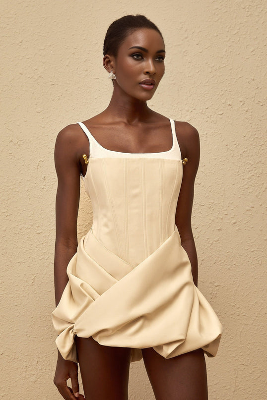 Assuntina Mini Dress Neutral Panel Corset Ruched Thigh Length Neutrals