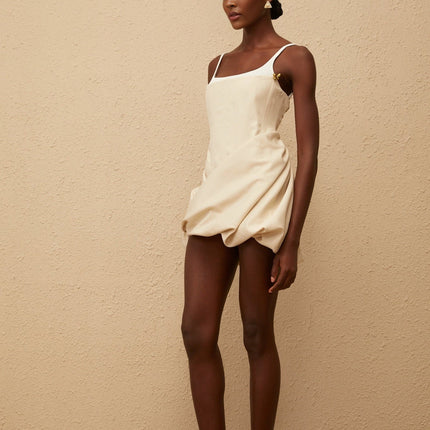Assuntina Neutral Panel Corset Ruched Thigh Length Mini Dress Neutrals