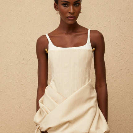 Assuntina Mini Dress Neutral Panel Corset & Ruched Thigh Length in Neutrals