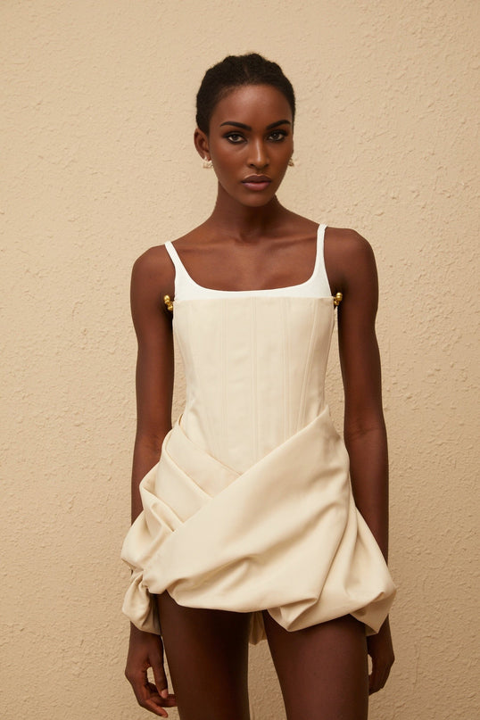 Assuntina Mini Dress Neutral Panel Corset & Ruched Thigh Length in Neutrals