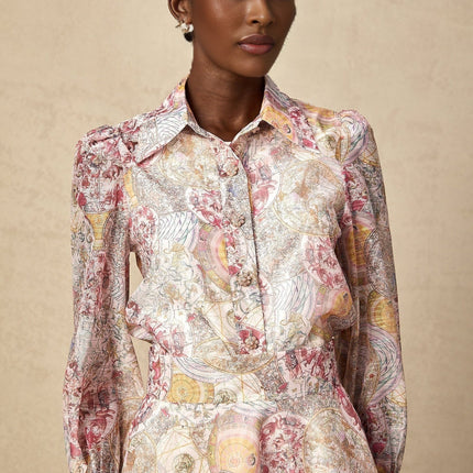 Assuntina Pink Shirt Skirt Set Pattern Print Linen Semi-Sheer Cuff Sleeves Pocket Zip Fastening