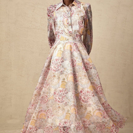 Assuntina Pink Shirt and Skirt Set in Mesmerizing Pattern Print