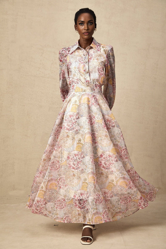 Assuntina Pink Shirt and Skirt Set in Mesmerizing Pattern Print