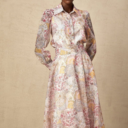 Assuntina Pink Shirt Skirt Set in Mesmerizing Pattern Print