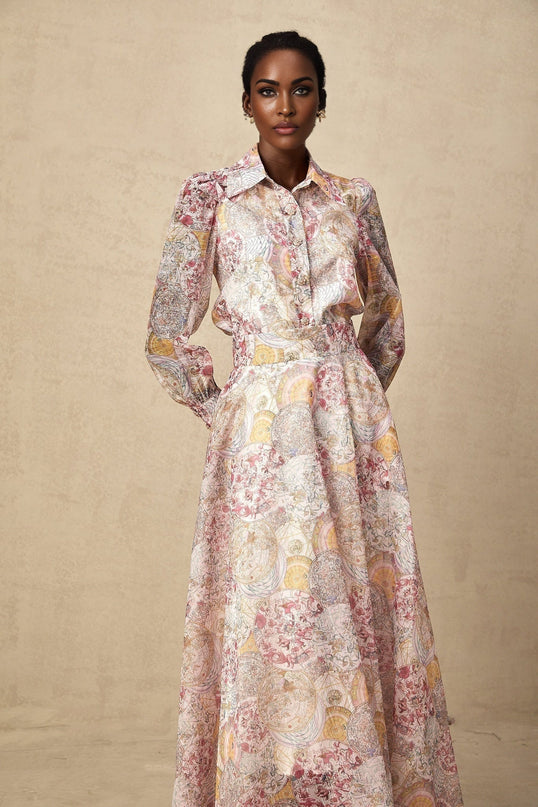 Assuntina Pink Shirt Skirt Set in Mesmerizing Pattern Print