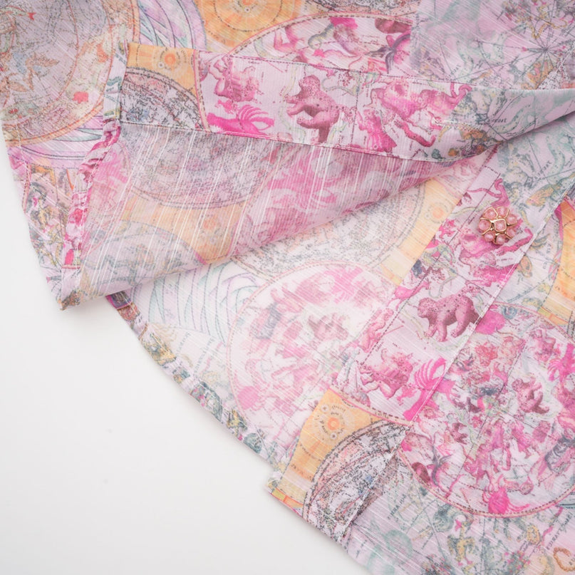 Assuntina Pink Shirt Skirt Set Pattern Print Linen Semi-Sheer Cuff Sleeves Side Pocket Zip Fastening