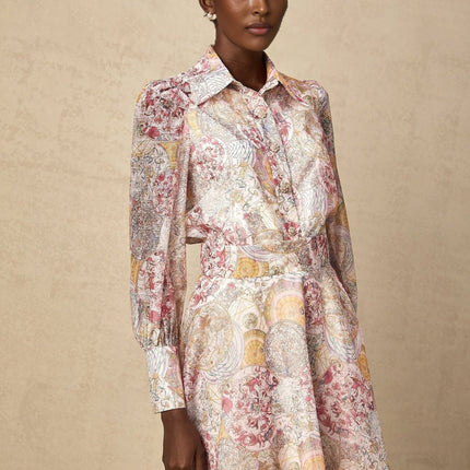 Assuntina Pink Shirt Skirt Set Pattern Print Linen Semi-Sheer Cuff Sleeves Pocket Zip Fastening