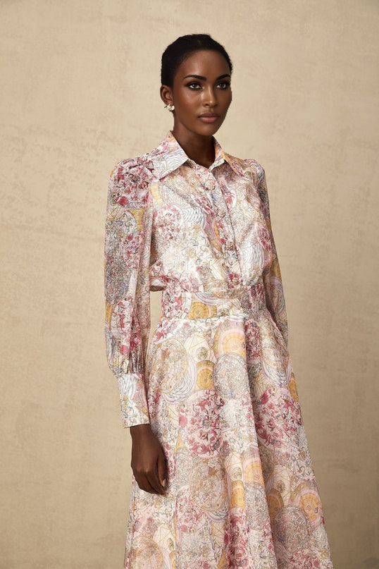 Assuntina Pink Shirt Skirt Set Pattern Print Linen Semi-Sheer Cuff Sleeves Pocket Zip Fastening