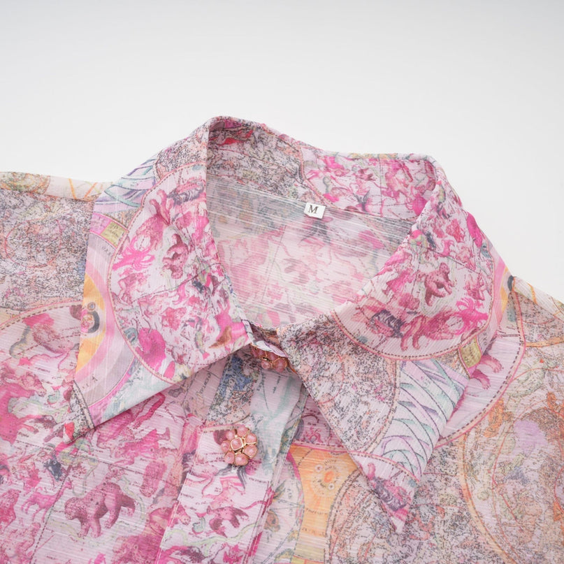 Assuntina Pink Shirt Skirt Set Pattern Print Linen Semi-Sheer Cuff Sleeves Side Slip Pocket Rear Zip Fastening