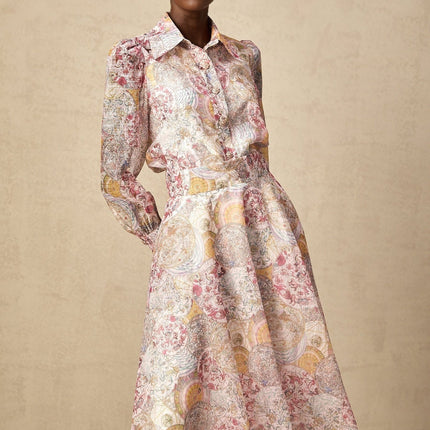 Assuntina Pink Shirt Skirt Set Pattern Print Linen Semi-Sheer Cuff Sleeves Side Slip Pocket Rear Zip Fastening