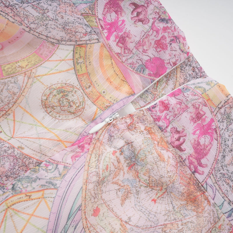 Assuntina Pink Shirt Skirt Set Pattern Print Linen Semi-Sheer Cuff Sleeves Side Slip Pocket Rear Zip Fastening