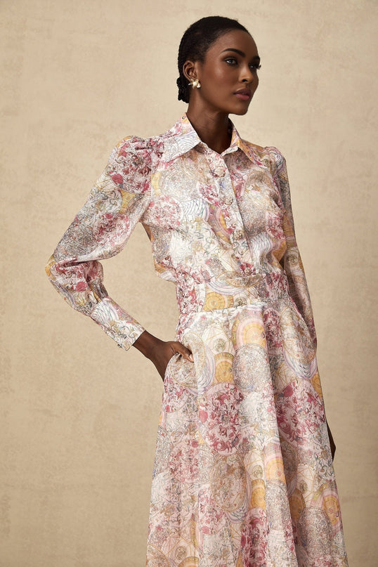 Assuntina Pink Shirt Skirt Set Pattern Print Linen Semi-Sheer Cuff Sleeves Side Slip Pocket Rear Zip Fastening