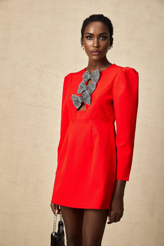 Assuntina Red Mini Dress with Stud Bow Detailing