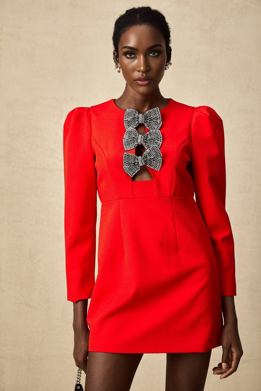 Assuntina Red Mini Dress with Stud Bow Detailing