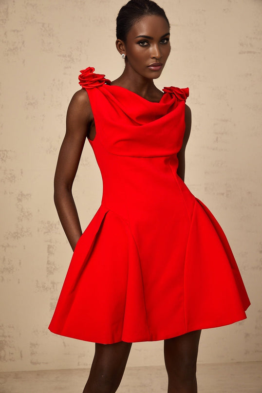 Assuntina Red Mini Dress with Cowl Neck and Faux-flower Detailing