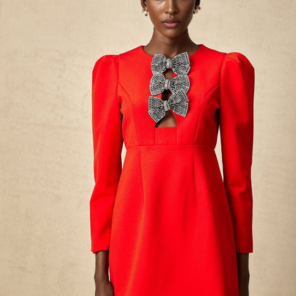 Assuntina Red Mini Dress with Stud Bow Detailing and Dart Detailing