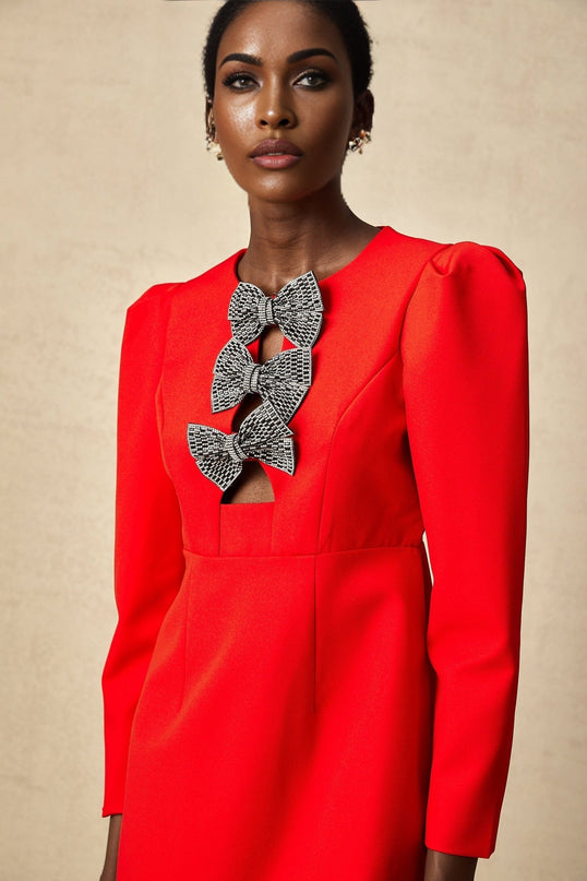 Assuntina Red Mini Dress with Stud Bow Detailing and Dart Detailing