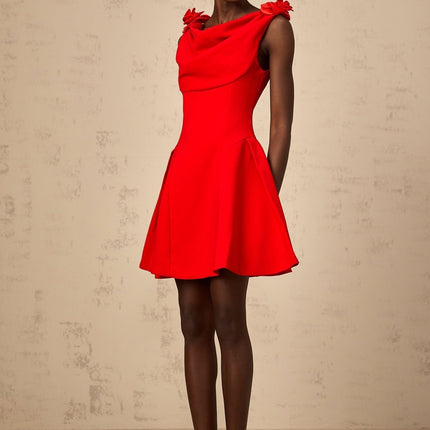 Assuntina Red Mini Dress Terylene Spandex Sleeveless Cowl Neck Faux-Flower Detailing Wide Straps Flared Skirt A-Line Concealed Zip Thigh Length Luxury