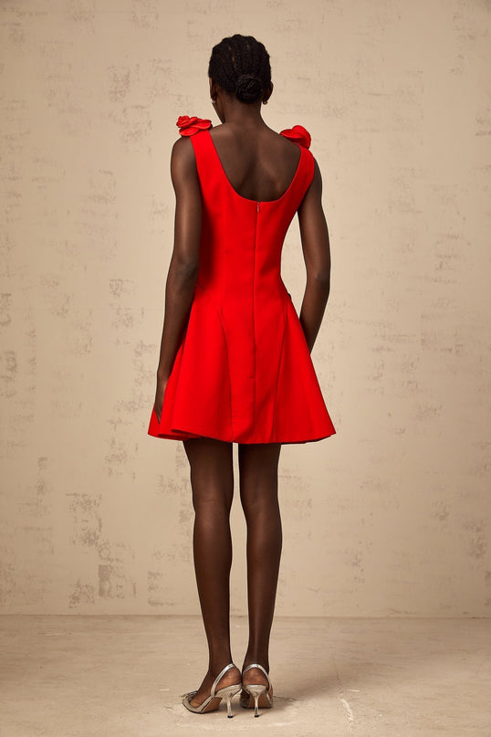 Assuntina Red Mini Dress with Cowl Neck and Faux-flower Detailing
