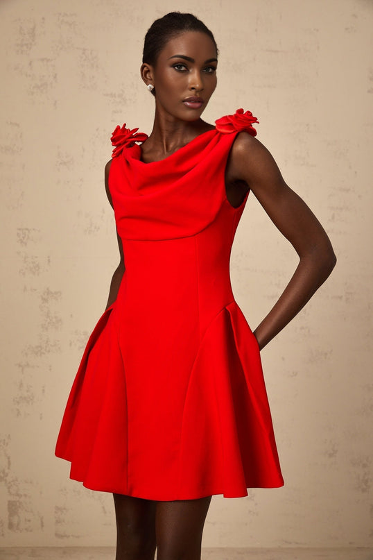 Assuntina Red Mini Dress with Cowl Neck and Faux-flower Detailing