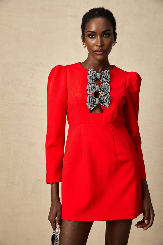 Assuntina Red Mini Dress with Stud Bow Detailing