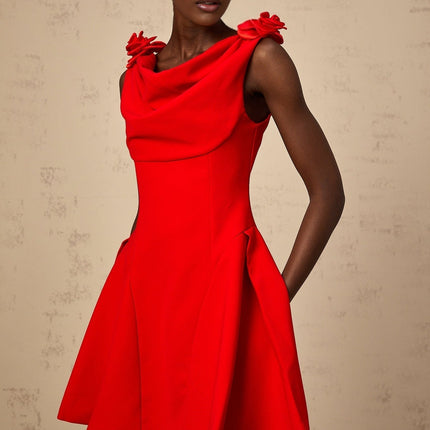 Assuntina Red Mini Dress Cowl Neck Sleeveless Faux-flower Detail Wide Straps Flared Skirt A-line Concealed Zip Thigh Length Luxury