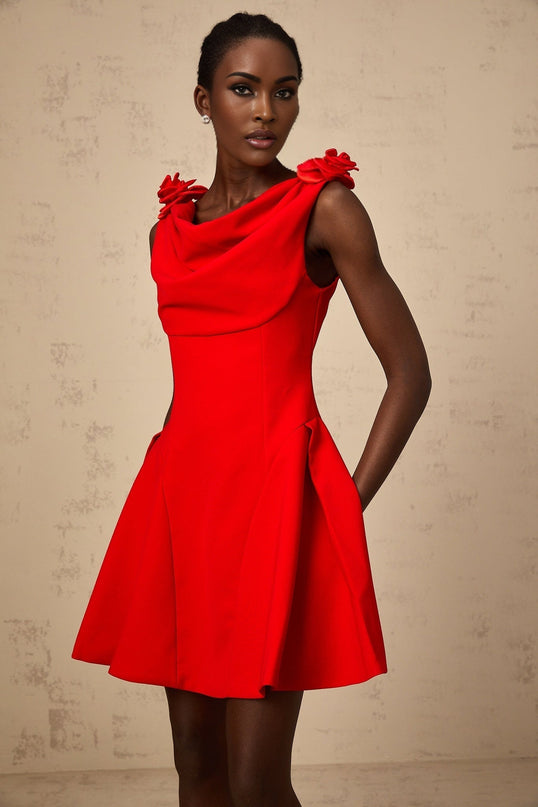 Assuntina Red Mini Dress Cowl Neck Sleeveless Faux-flower Detail Wide Straps Flared Skirt A-line Concealed Zip Thigh Length Luxury