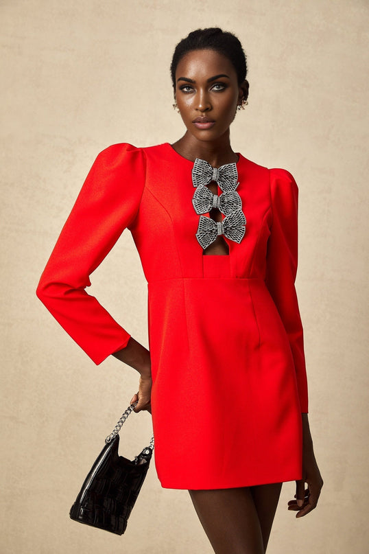 Assuntina Red Mini Dress with Stud Bow Detailing and Dart Detailing
