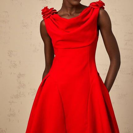 Assuntina Red Mini Dress Cowl Neck Sleeveless Faux-flower Wide Straps Flared Skirt A-line Concealed Zip Thigh Length Luxury
