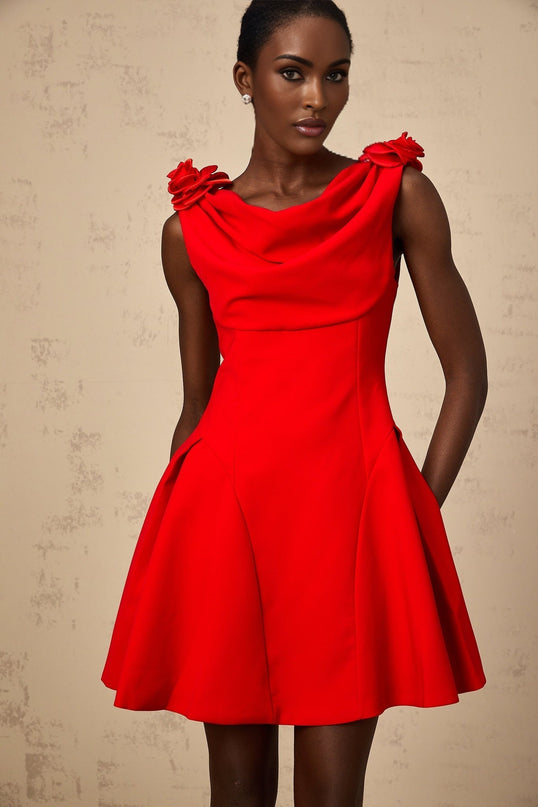 Assuntina Red Mini Dress Cowl Neck Sleeveless Faux-flower Wide Straps Flared Skirt A-line Concealed Zip Thigh Length Luxury