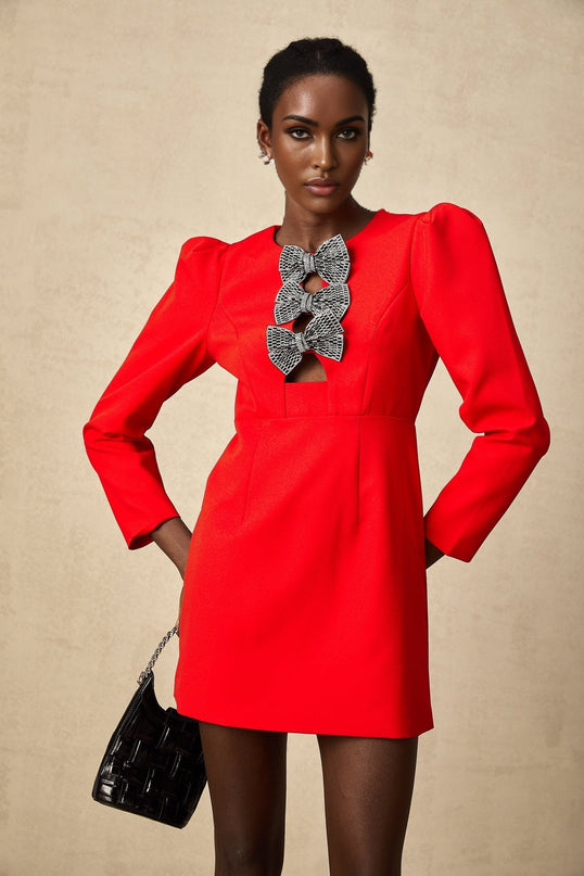 Assuntina Red Mini Dress with Stud Bow Detailing and Split Round Neck