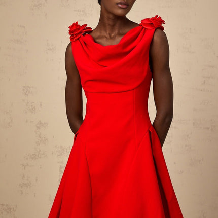 Assuntina Red Mini Dress Cowl Neck Sleeveless Faux-flower Detailing Wide Straps Flared Skirt A-line Concealed Zip Thigh Length Luxury