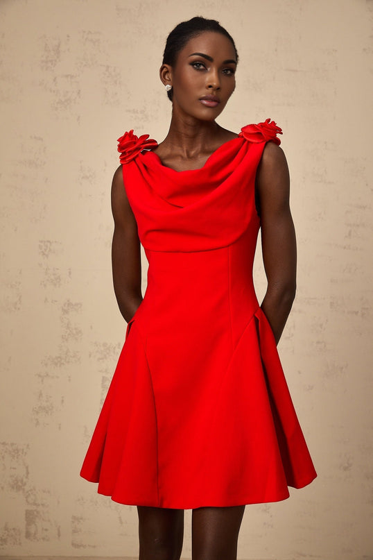 Assuntina Red Mini Dress Cowl Neck Sleeveless Faux-flower Detailing Wide Straps Flared Skirt A-line Concealed Zip Thigh Length Luxury