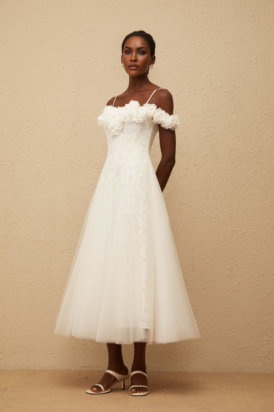 Athena White Floral Appliqué Tulle Maxi Dress