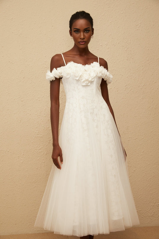 Athena White Floral Appliqué Tulle Maxi Dress