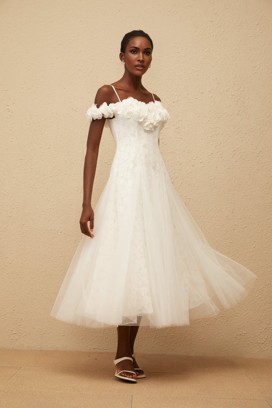 Athena White Floral Appliqué Tulle Maxi Dress