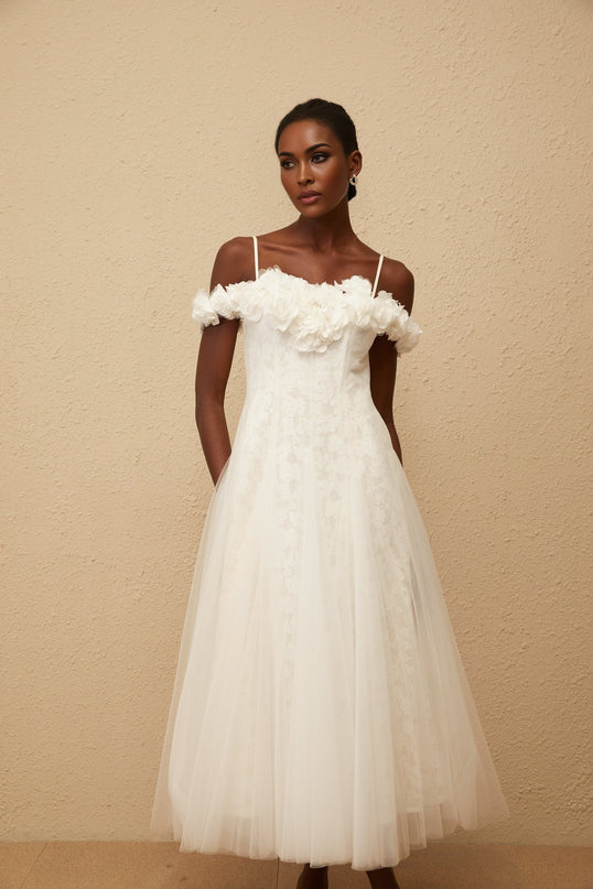 Athena White Floral Appliqué Tulle Maxi Dress