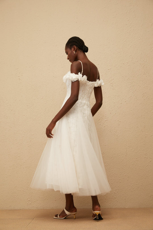 Athena White Floral Appliqué Tulle Maxi Dress