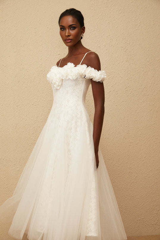 Athena White Floral Appliqué Tulle Maxi Dress