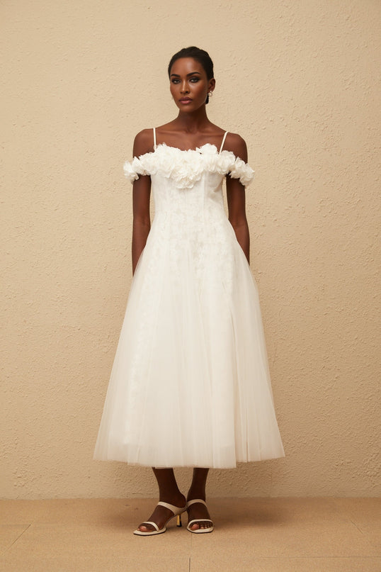 Athena White Floral Appliqué Tulle Maxi Dress
