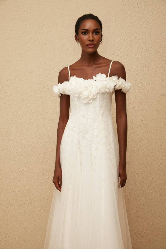 Athena White Floral Appliqué Tulle Maxi Dress